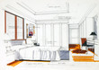 interior sketch bedroom by pencil and watercolor