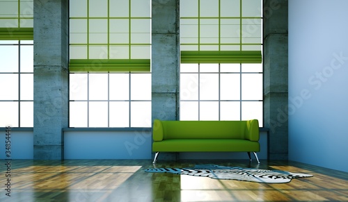 Illustration: Wohndesign - grünes Sofa im Loft Wohndesign - grünes Sofa im Loft