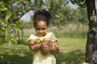 Jeune fille portant des pommes dans ses bras