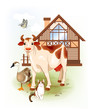 Country life.  Farm animals. Cow, cat and goose.