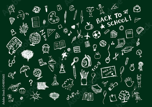Vektor: Sketches on blackboard, concept of school for your design Sketches on blackboard, concept of school for your design