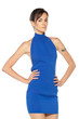 Female in blue dress standing with her hands on the waist