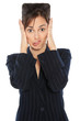 Portrait of business woman with square head from problems
