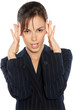 Portrait of young woman holding her head in brainstorming