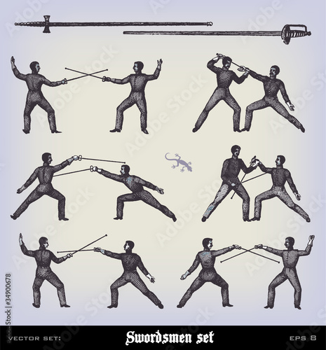 Vector: Engraving vintage swordsman set Engraving vintage swordsman set