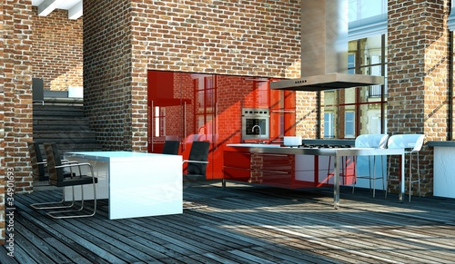 Photo: Küchendesign - rote Küche mit Klinkerwand Küchendesign - rote Küche mit Klinkerwand