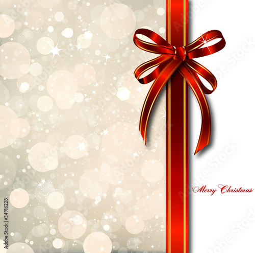 Vector: Red bow on a magical Christmas card. Vector Red bow on a magical Christmas card. Vector