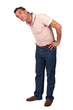 Man Bending Over Sideways to Look at Something