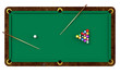 Billiard table with balls and cues