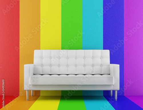Illustration: white couch in front of rainbow multicolored wall white couch in front of rainbow multicolored wall