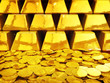 Gold coin pile and ingots , 3d illustration
