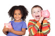 Photo: Two happy children with moneybox savings Two happy children with moneybox savings
