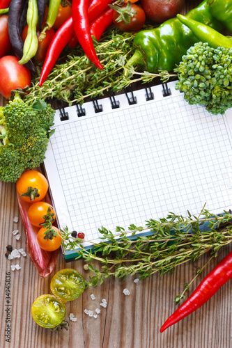 Photo: Open notebook and harvest. Open notebook and harvest.