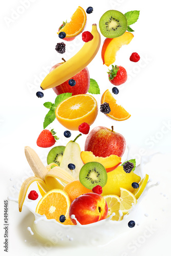 Photo: Lot of different fruits falling into milk Lot of different fruits falling into milk