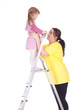 young fat mother and little girl with ladder