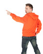 pointing up young man in orange sweatshirt, series