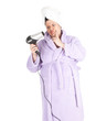 fat woman after shower,  keeping hairdryer; series
