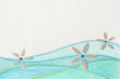 Background. Blue and green waves with silver flowers