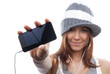 Woman Showing display of her new touch mobile cell phone