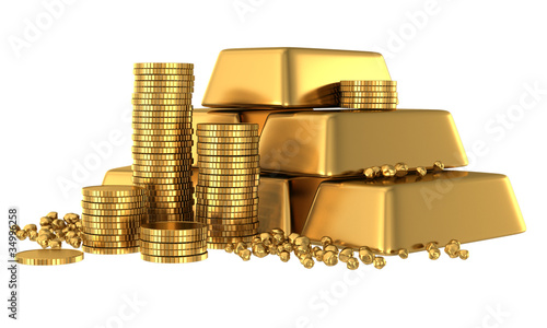 Illustration: 3d gold bars and coins 3d gold bars and coins