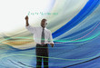 African American businessman writing formula on glass