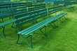 Rows of empty green outdoor benches on grass Rows of empty green outdoor benches on grass