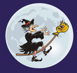 Vector: witch and her broomstick - fairy tale witch and her broomstick - fairy tale