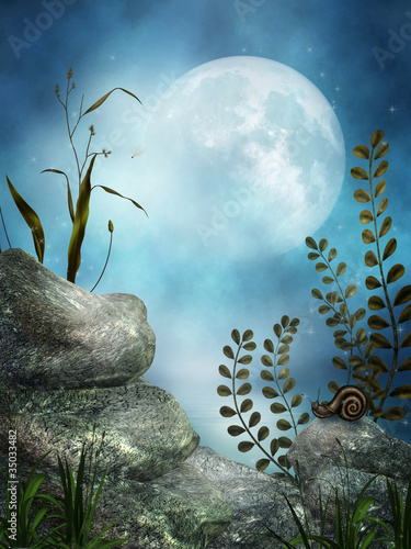 Illustration: Sceneria fantasy z księżycem i skałami Sceneria fantasy z księżycem i skałami