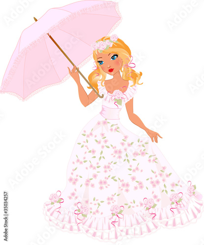 Vector: Blond girl in pink dress with umbrella Blond girl in pink dress with umbrella
