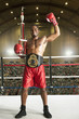 Winning African American boxer in boxing ring