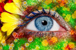 Foto: blue woman eye makeup spring flowers metaphor blue woman eye makeup spring flowers metaphor