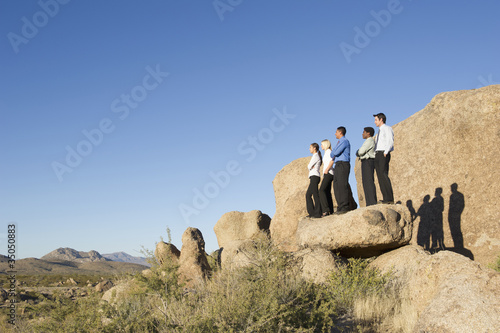 Photo: Business people standing on rock in desert Business people standing on rock in desert