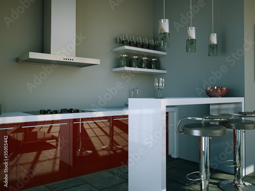 Illustration: Küchendesign - Küche grau rot Küchendesign - Küche grau rot