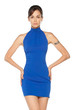 Beautiful female fashion model in blue dress posing
