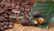 Fresh coffee beans with leaf