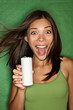 Woman drinking from blank can