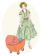 Retro mother with pram painting