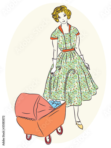 Vector: Retro mother with pram painting Retro mother with pram painting
