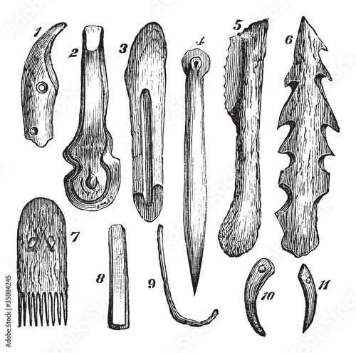 Vector: Bone implements, flint and wood, found in Moosseedorf vintage en Bone implements, flint and wood, found in Moosseedorf vintage en