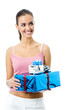 Young smiling woman with gift, isolated on white