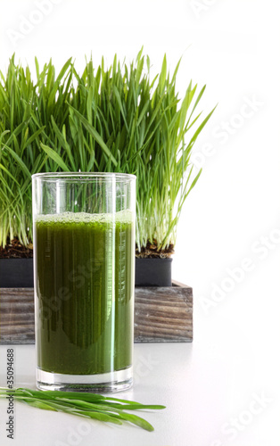 Photo: Glass of wheatgrass on white Glass of wheatgrass on white