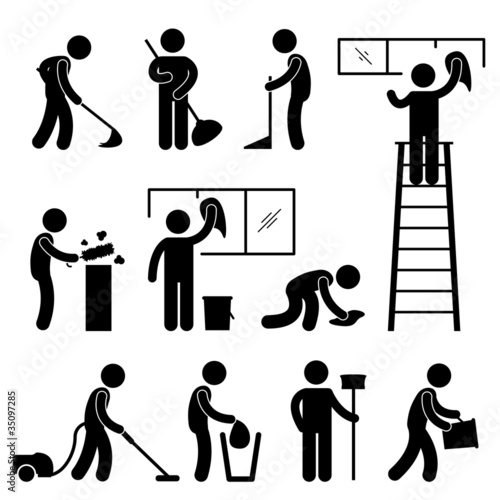 Vector: Clean Wash Wipe Vacuum Cleaner Worker Pictogram Sign Clean Wash Wipe Vacuum Cleaner Worker Pictogram Sign