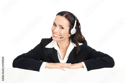Photo: Support phone operator with signboard, isolated Support phone operator with signboard, isolated