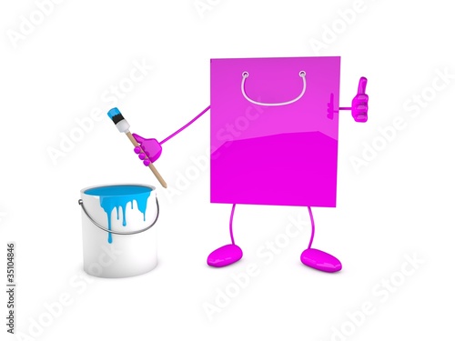 Illustration: Papiertüte mit Pinsel und Farbe / shoppingbag, brush, paint-pot Papiertüte mit Pinsel und Farbe / shoppingbag, brush, paint-pot