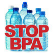 Anti bisphenol A sign with plastic bottles of mineral water