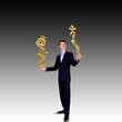 Business man juggling with numbers and symbols