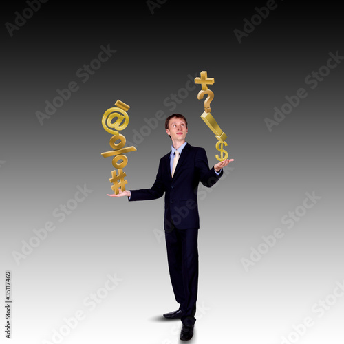 Illustration: Business man juggling with numbers and symbols Business man juggling with numbers and symbols