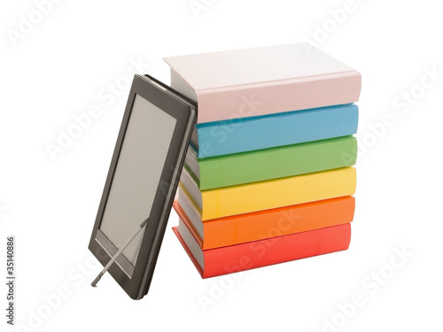Photo: Books and electronic book reader isolated on white Books and electronic book reader isolated on white