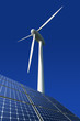Solarmodule und Windkraftrad vor blauem Hintergrund