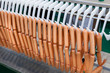 Meat sausages on plastic conveyer in food industry